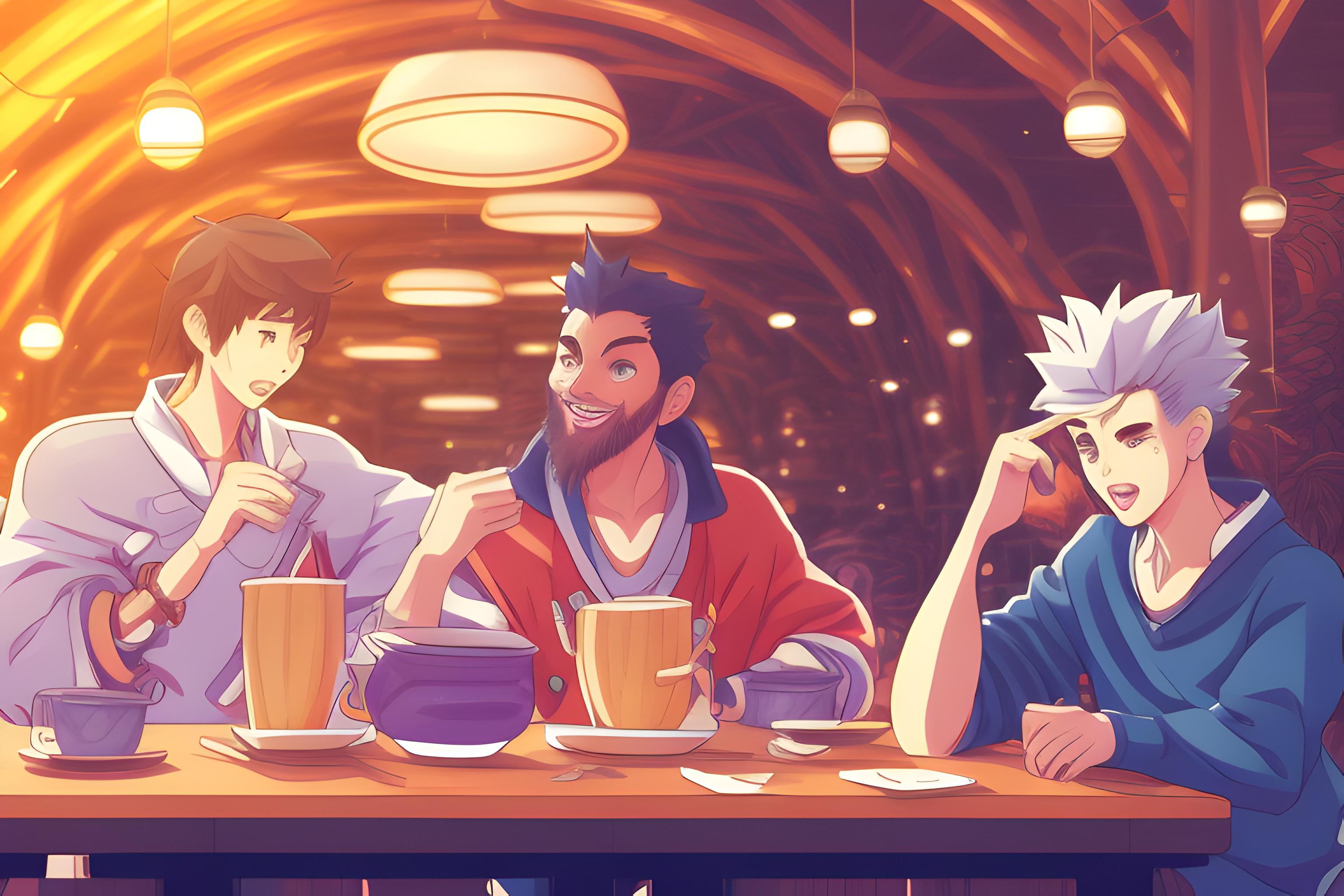 A vibrant anime crossover illustration of cid kagenou, arlechino and WangLing the daily of the immortal king
 sitting together at a wooden table in a cozy modern cafe. They are laughing, sharing a giant bowl of ramen and meat, looking like best friends. High detail, colorful, modern anime art style, 8k resolution.
